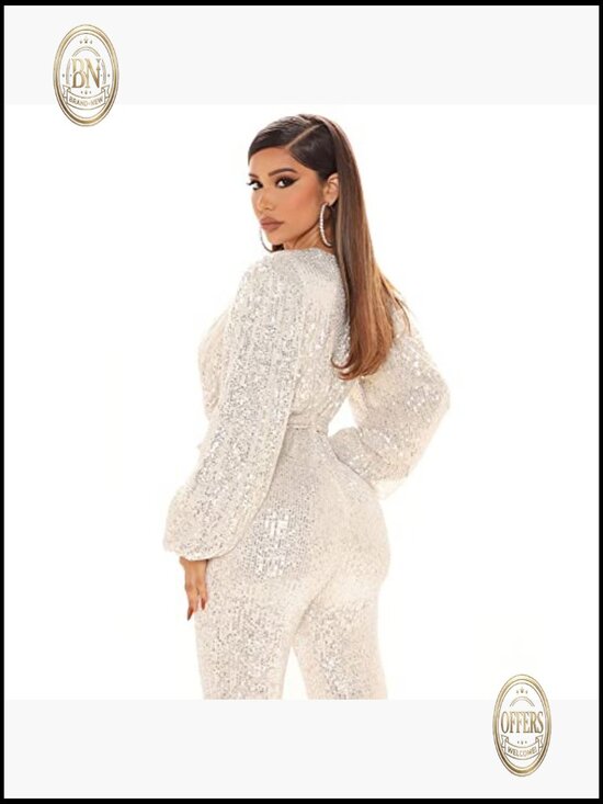 Long Sleeve V-Neck Sequin Jumpsuit with Wide Leg Pant Design - Picture 3 of 3